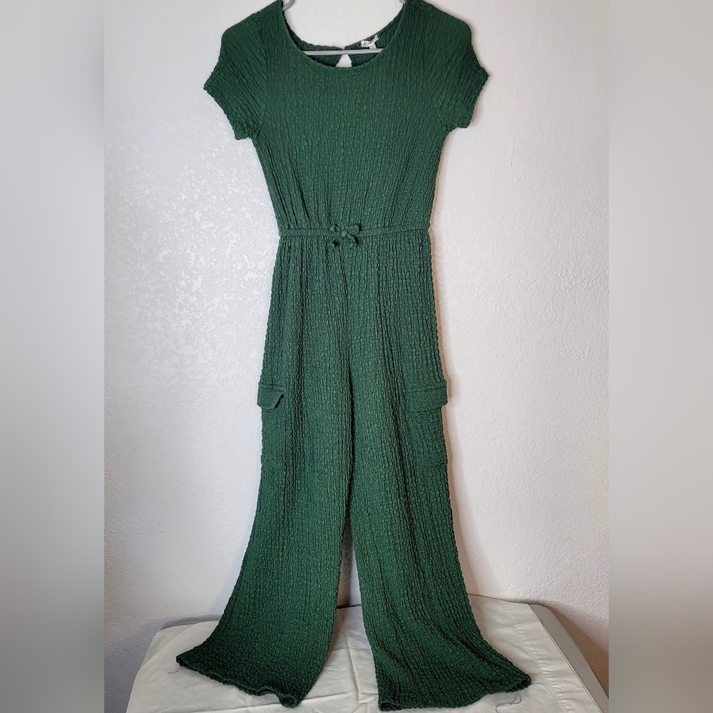 Tahari Dark Green Textured Short-Sleeve Jumpsuit with Tie Waist